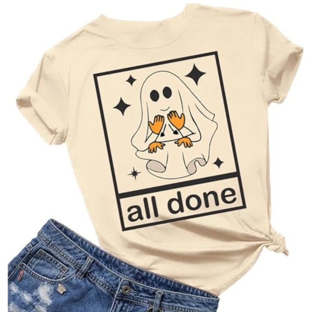 NWOT Beige ASL “All Done” Tee with Ghost (M)